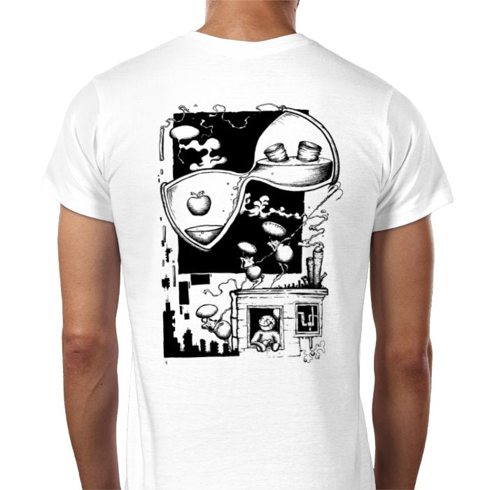 Damian Tab t-shirt FunZinePage2018 design featuring seed character white figure with X eyes apple pipes buildings and clouds wearable art print