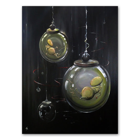 Spheres by Damian Tab, floating abstract forms in minimal space, postcard