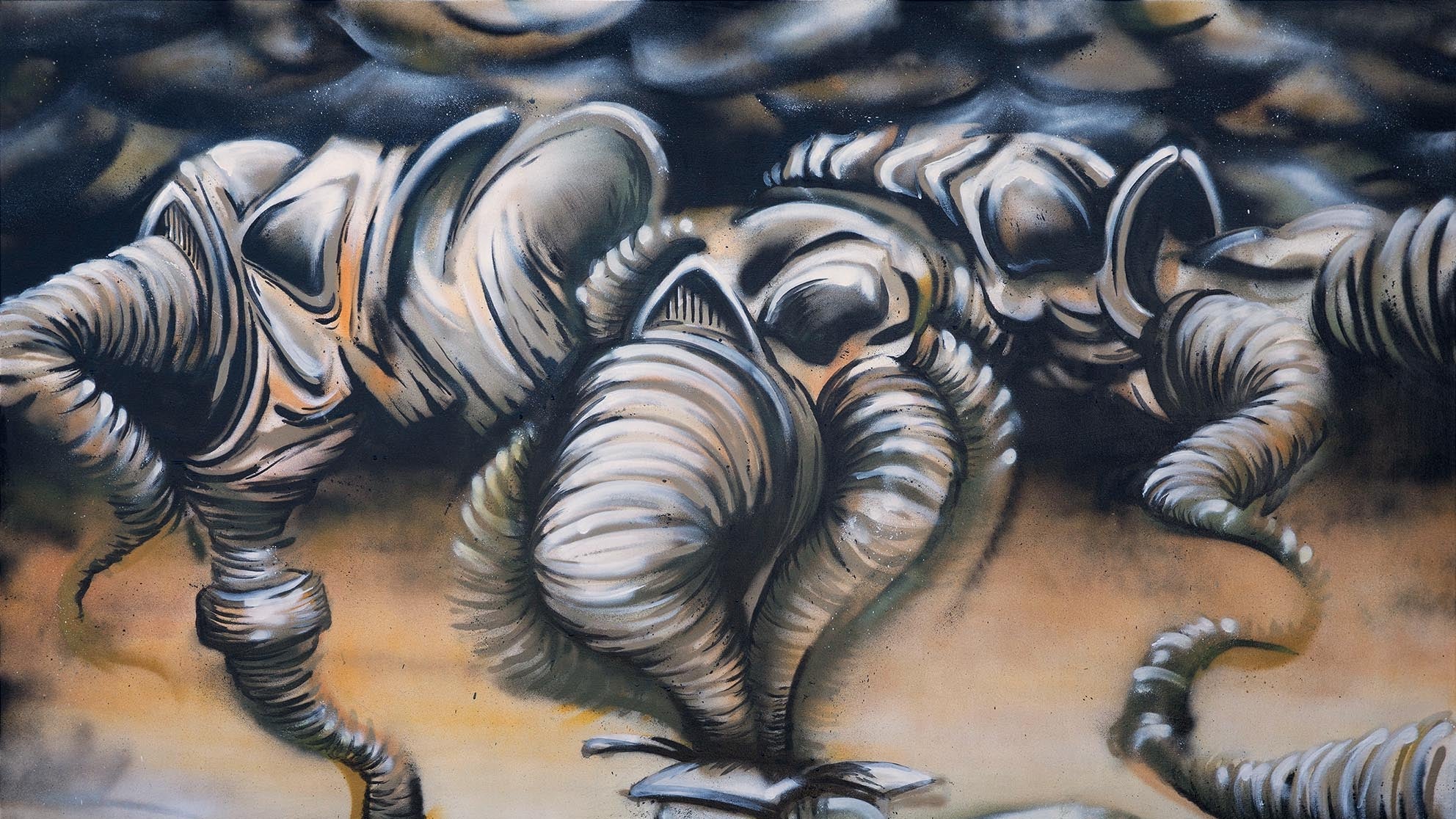 Damian Tab painting Elephants 2018 acrylic on canvas featuring surreal abstract figures