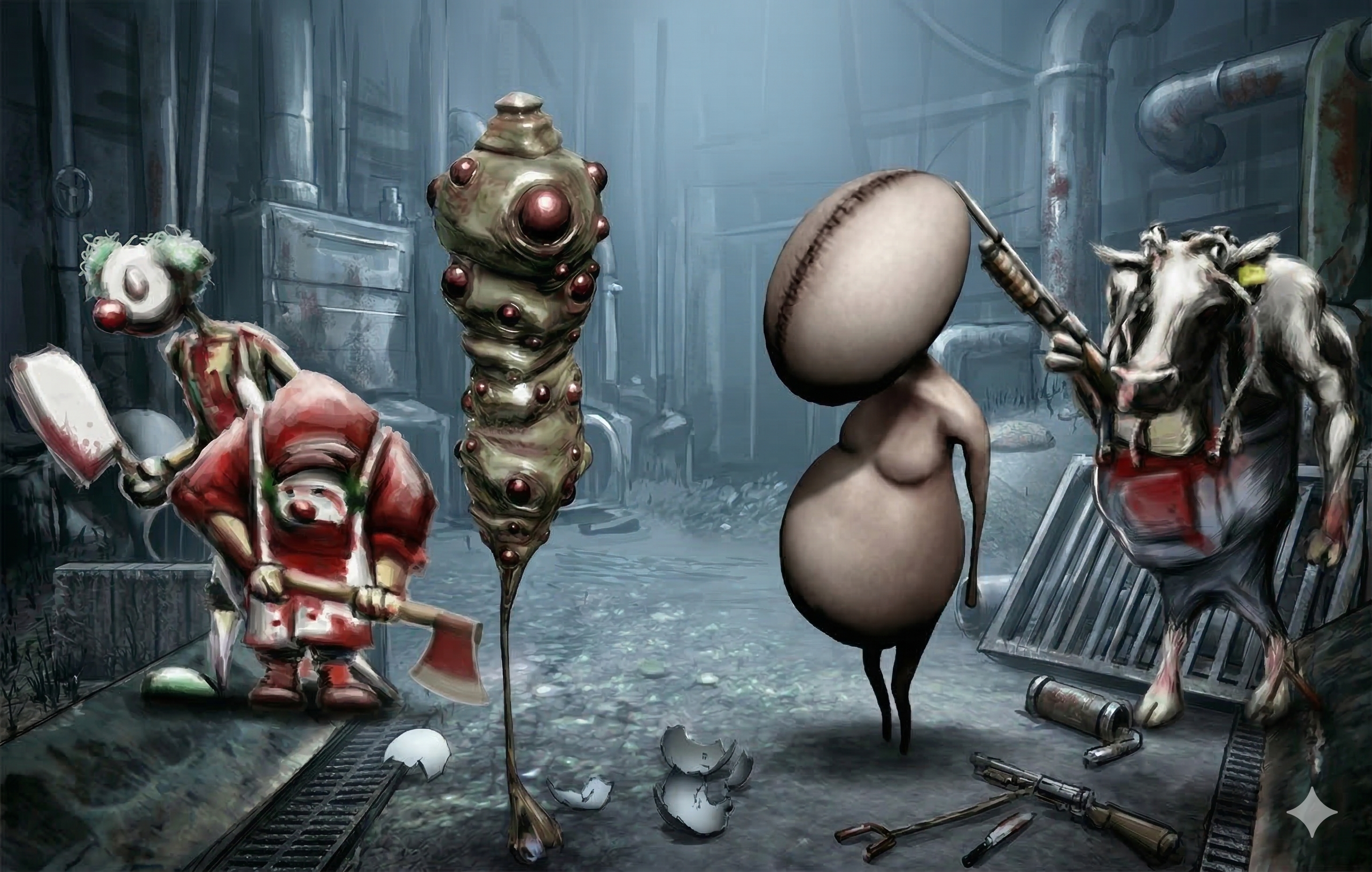 Character design and indie game development art by Damian Tab, featuring a surreal collage of creatures from his various video games.