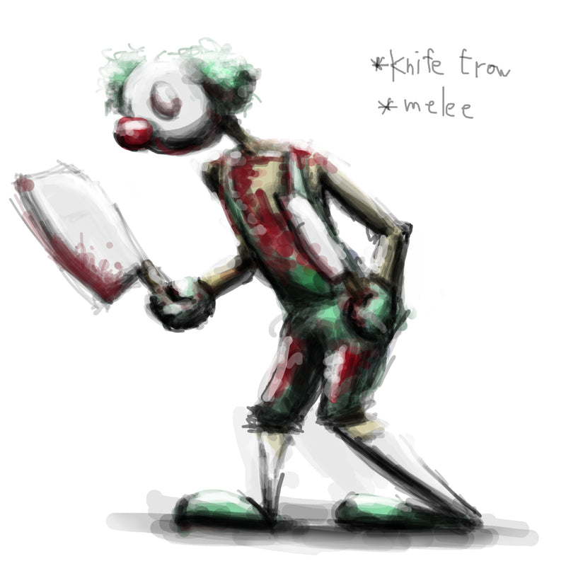 Concept art of a knife-wielding scarecrow clown enemy from the indie game Veggie Vigilante by Damian Tab