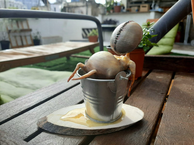 Damian Tab sculpture Chill 2021 3D printed spotted figure exhibited with the artist