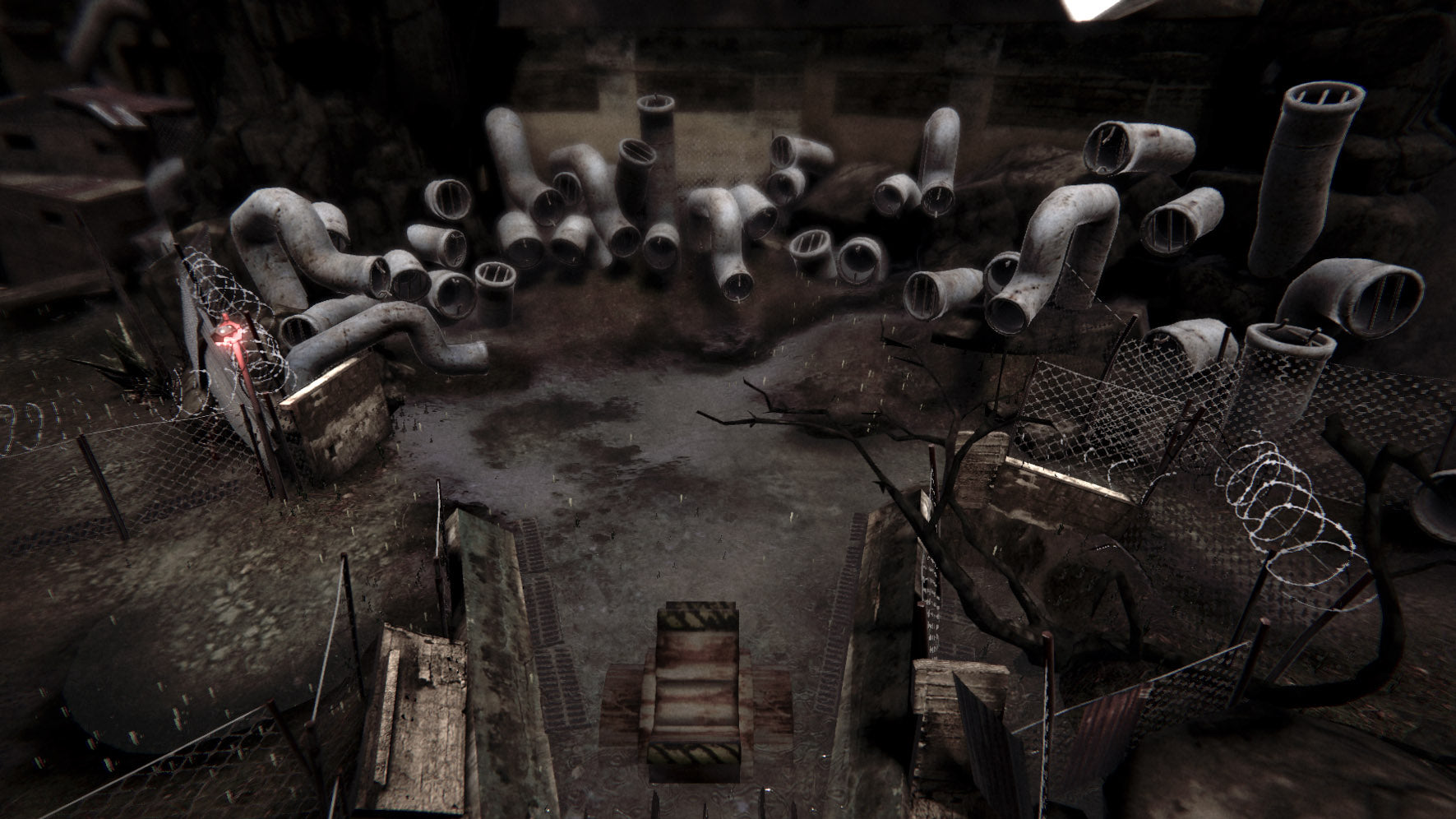A surreal, abandoned world of tangled pipes and collapsing structures, where the environment feels hostile, unstable, and alive.