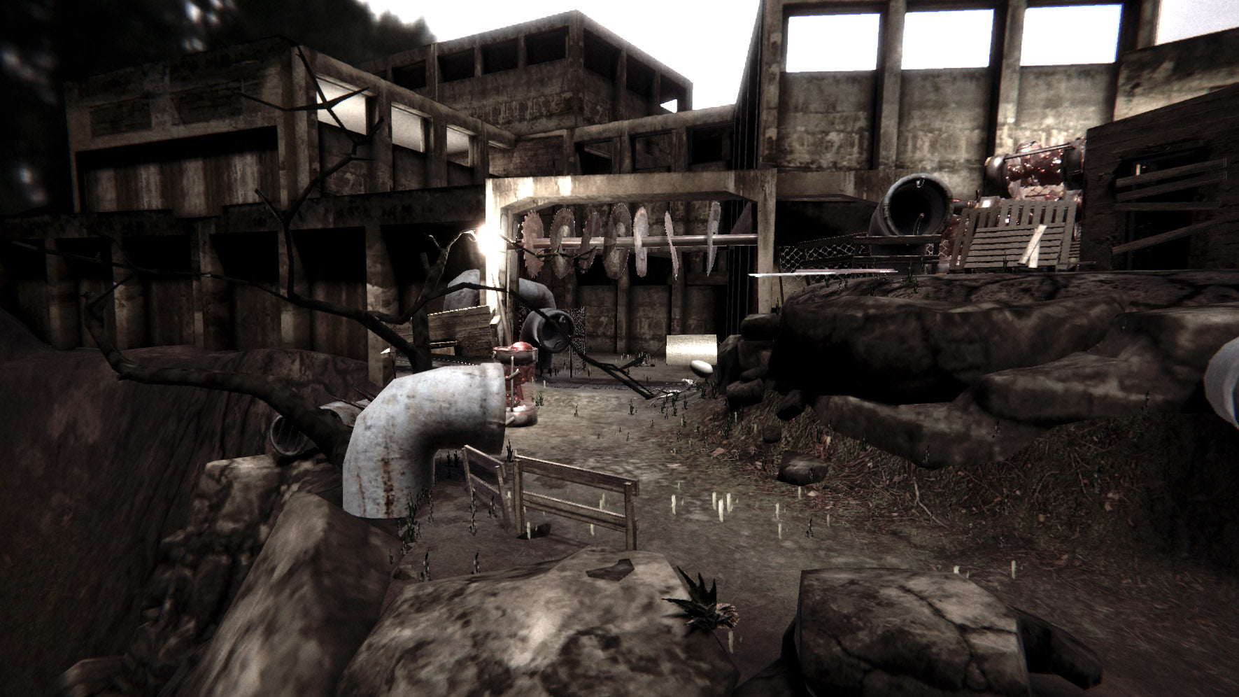 A surreal, abandoned world of tangled pipes and collapsing structures, where the environment feels hostile, unstable, and alive.