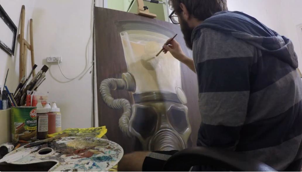 Load video: Video of Damian Tab painting the artwork ‘Blender’ on canvas, using acrylic paint in a studio setting